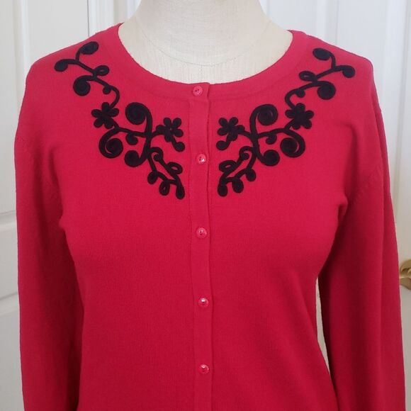 Vintage 80's Cardigan Sweater Black Soutache Red Faceted Buttons - Picture 5 of 14